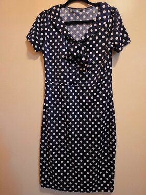 Blue/White Polka Dot with Bow Neckline Dress 2XL